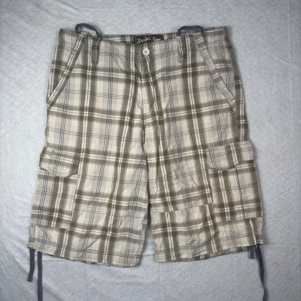 Beige Y2K Plaid Project Raw Cargo Shorts – Size 32